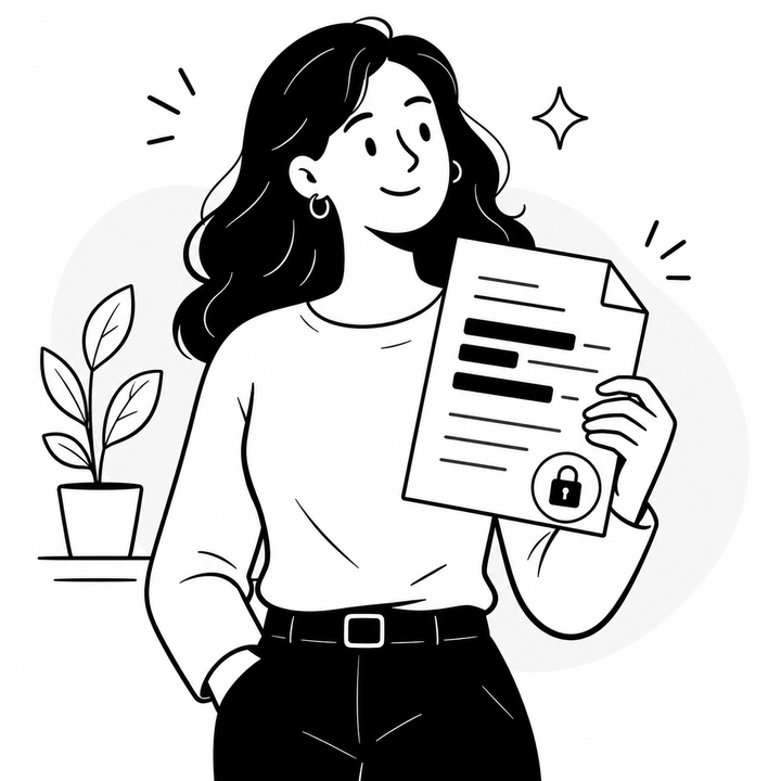 Persona sosteniendo con confianza un documento con sus datos personales protegidos