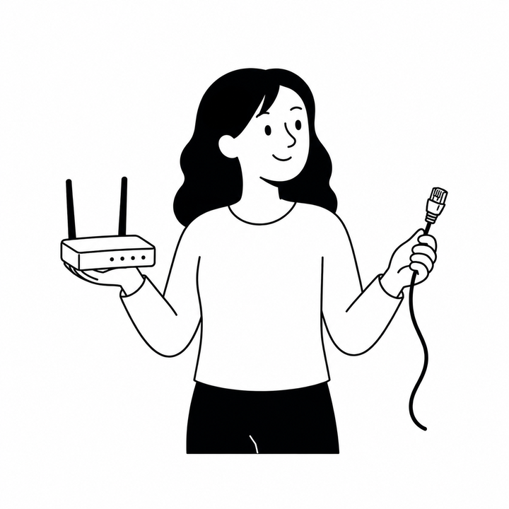 Persona sosteniendo un router y un cable Ethernet desconectado