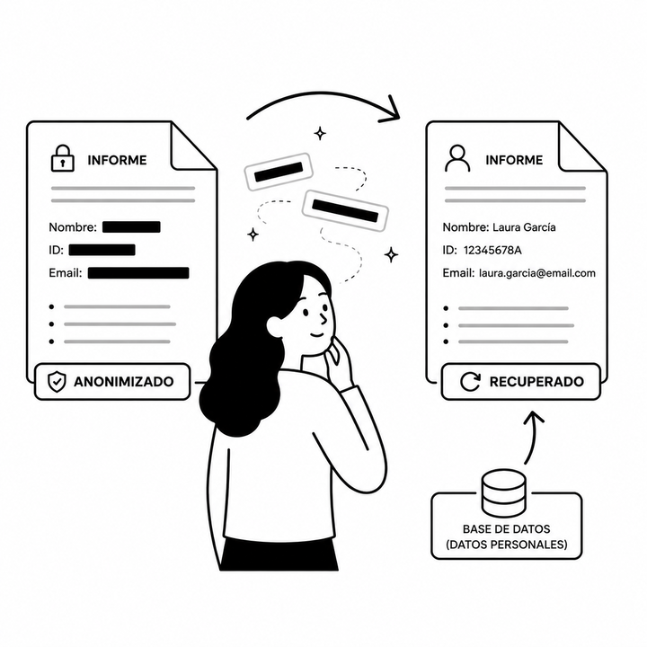 Documento anonimizado transformándose en documento con datos personales recuperados